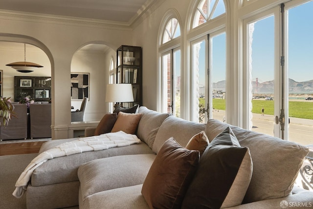 living room featuring crown molding