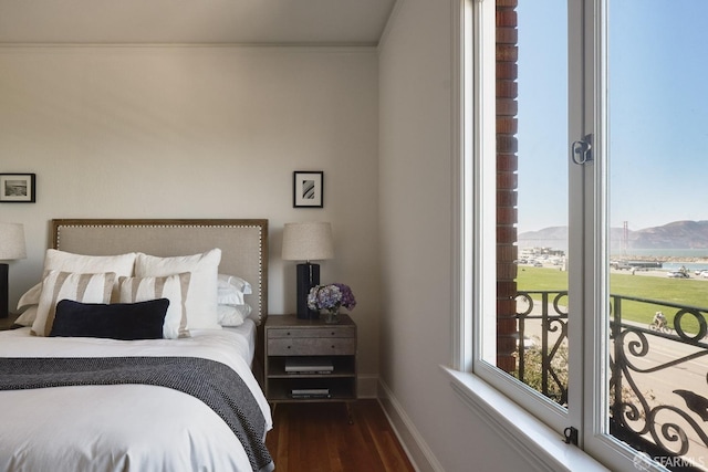 bedroom featuring ornamental molding, dark wood-type flooring, and a mountain view