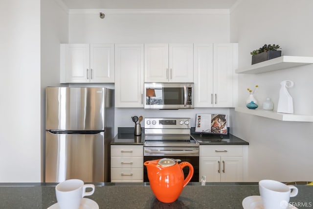 355 Buena Vista E Avenue 605W, San Francisco, CA 94117 - kitchen with crown molding, open shelves, dark countertops, white cabinets, and appliances with stainless steel finishes