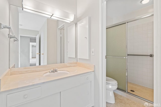 816 N Delaware St Unit 409, San Mateo, CA 94401 - bathroom featuring toilet, vanity, a stall shower, and tile patterned floors