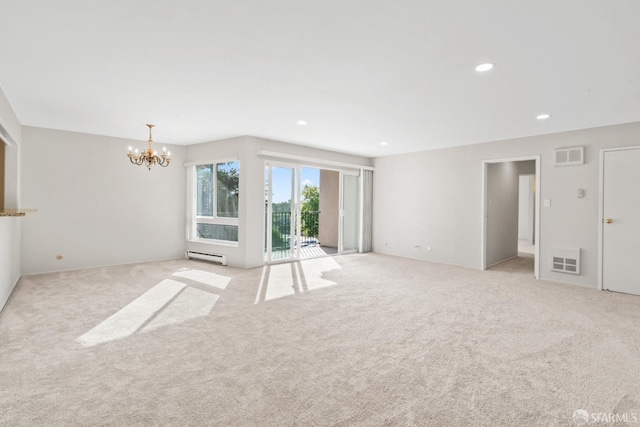 816 N Delaware St Unit 409, San Mateo, CA 94401 - unfurnished living room featuring a chandelier, baseboard heating, light carpet, and recessed lighting