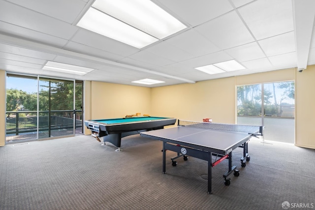 816 N Delaware St Unit 409, San Mateo, CA 94401 - rec room featuring carpet flooring, billiards, a paneled ceiling, and expansive windows