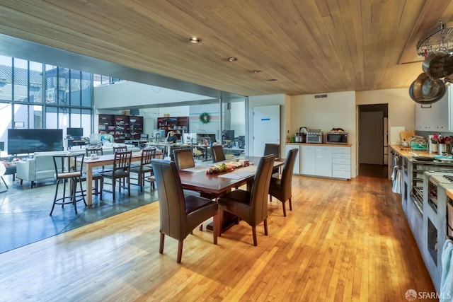 dining space featuring wood ceiling and light hardwood / wood-style floors