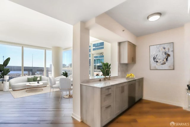 kitchen featuring a city view, wood finished floors, baseboards, open floor plan, and gray cabinets