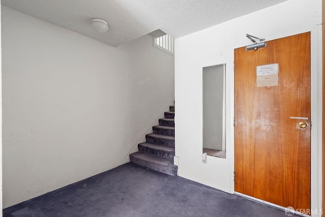 interior space featuring carpet and a textured ceiling