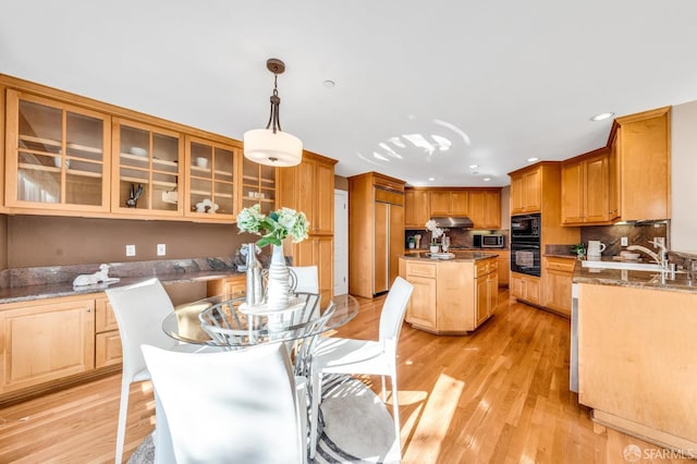 kitchen featuring light wood finished floors, a sink, black appliances, glass insert cabinets, and under cabinet range hood