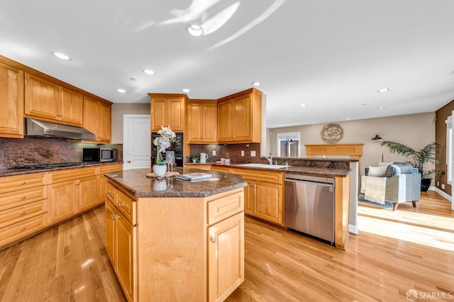 kitchen with a kitchen island, under cabinet range hood, light wood-style flooring, appliances with stainless steel finishes, and a peninsula