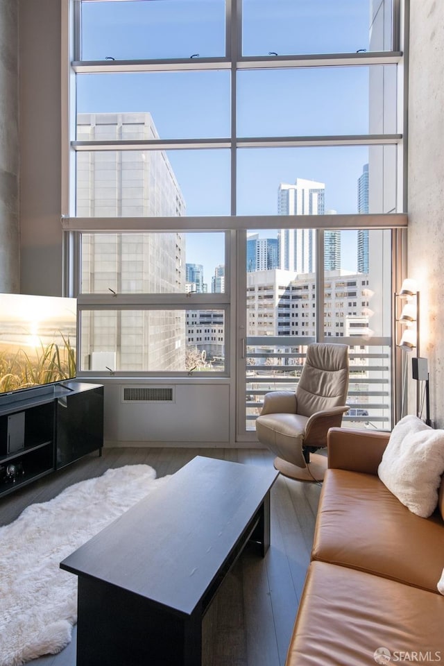 living room with floor to ceiling windows and wood-type flooring