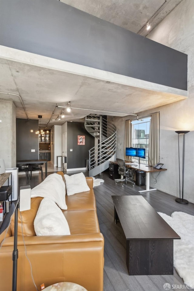 living room with wood-type flooring and rail lighting