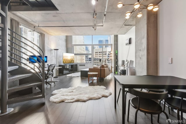 dining space featuring hardwood / wood-style flooring, a healthy amount of sunlight, and an inviting chandelier