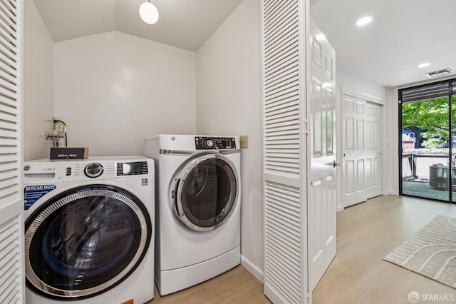 229 Cypress Point Dr, Mountain View, CA 94043 - laundry area featuring separate washer and dryer, light wood-type flooring, and recessed lighting