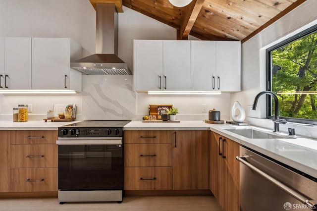 229 Cypress Point Dr, Mountain View, CA 94043 - kitchen featuring range with electric cooktop, wall chimney range hood, dishwasher, modern cabinets, and wooden ceiling