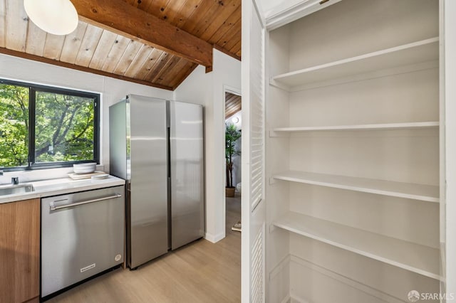 229 Cypress Point Dr, Mountain View, CA 94043 - kitchen with stainless steel appliances, wood ceiling, light wood-style floors, light countertops, and open shelves