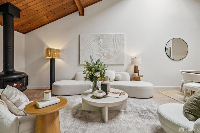 229 Cypress Point Dr, Mountain View, CA 94043 - living area featuring wood ceiling, a wood stove, and wood finished floors