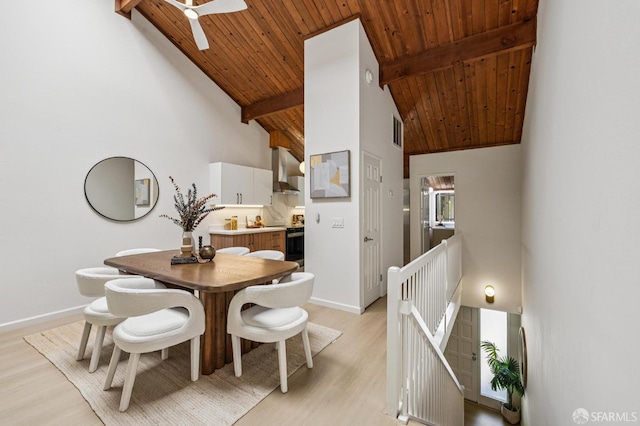 229 Cypress Point Dr, Mountain View, CA 94043 - dining room with light wood-type flooring, high vaulted ceiling, a wooden ceiling with exposed beams, and ceiling fan