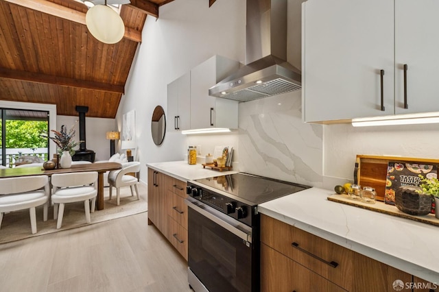 229 Cypress Point Dr, Mountain View, CA 94043 - kitchen with wall chimney range hood, electric range oven, light wood-style floors, modern cabinets, and wooden ceiling