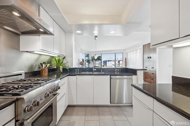 kitchen with white cabinets, appliances with stainless steel finishes, sink, and wall chimney range hood