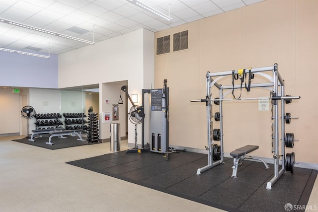 workout area with a high ceiling