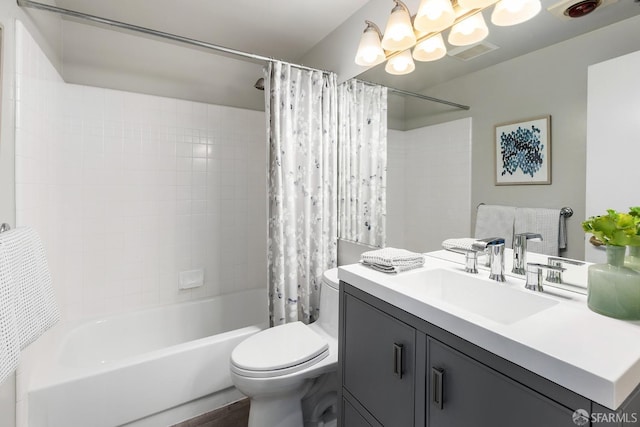 bathroom with toilet, visible vents, a chandelier, shower / bathtub combination with curtain, and vanity
