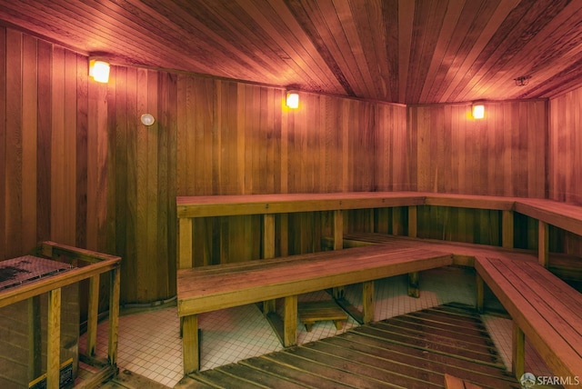 view of sauna / steam room with wood ceiling and wooden walls