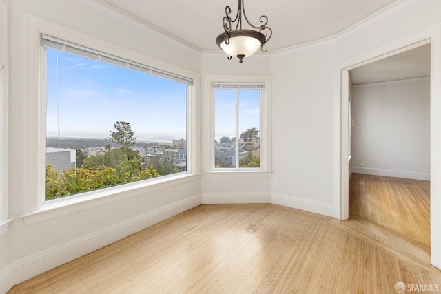 interior space with baseboards, wood finished floors, and crown molding