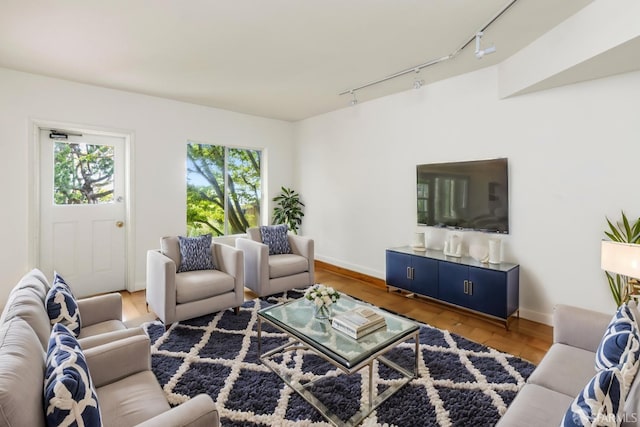 living room featuring rail lighting, baseboards, and wood finished floors