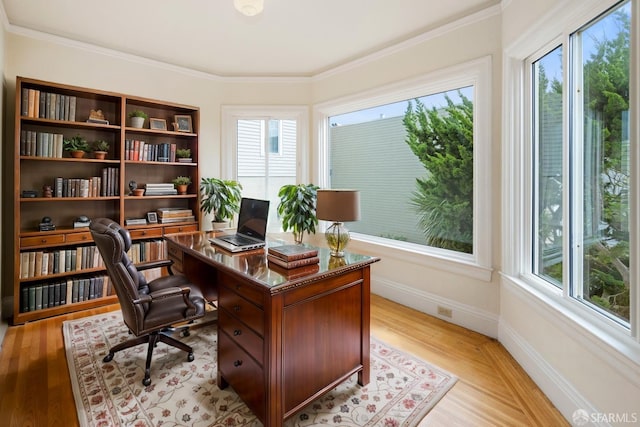 office with light wood-style floors, crown molding, baseboards, and a wealth of natural light