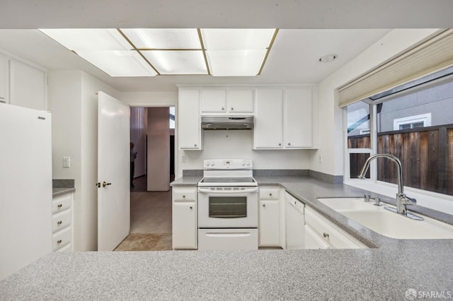 kitchen with white cabinetry, white appliances, under cabinet range hood, and a sink