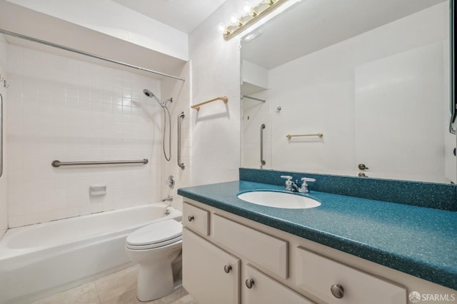 full bath with tile patterned floors, vanity, toilet, and shower / bath combination