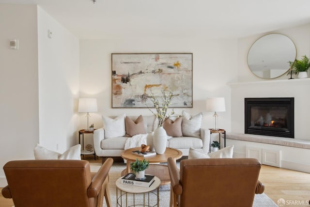living room featuring light wood-style floors and a glass covered fireplace