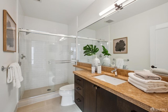 bathroom with tile patterned flooring, vanity, visible vents, toilet, and a shower stall
