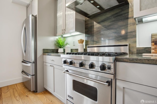 kitchen with baseboards, premium range hood, light wood-type flooring, tasteful backsplash, and stainless steel appliances
