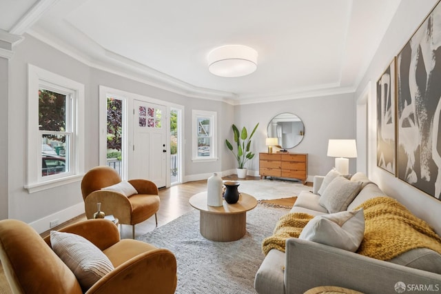 4145 Emerald St, Oakland, CA 94609 - living area featuring plenty of natural light, wood finished floors, a tray ceiling, and ornamental molding