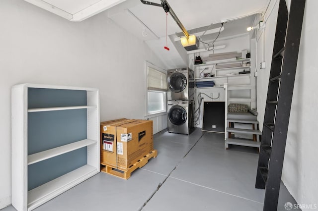 4145 Emerald St, Oakland, CA 94609 - washroom featuring stacked washing machine and dryer and attic access