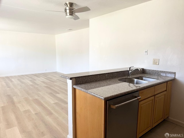 1200 Lemontree Way Unit 1, Antioch, CA 94509 - kitchen featuring stainless steel dishwasher, a ceiling fan, light wood-style floors, a peninsula, and dark stone countertops