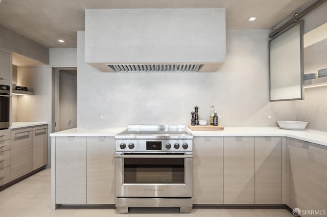 kitchen with stainless steel appliances, extractor fan, and gray cabinetry