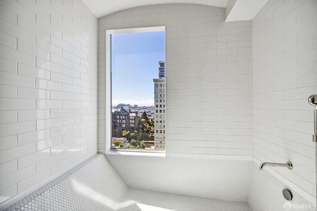 bathroom with vaulted ceiling