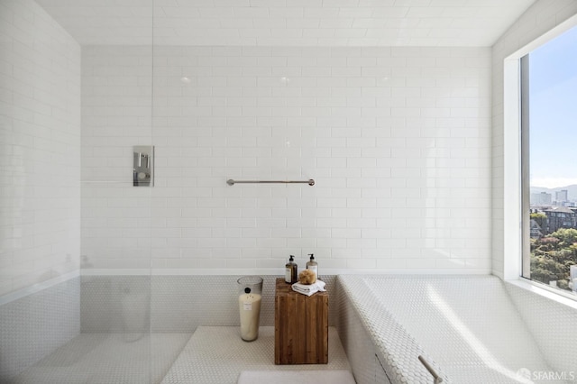 bathroom with tile walls