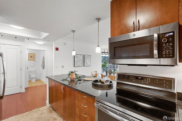 kitchen with light hardwood / wood-style flooring, stainless steel appliances, dark stone countertops, ornamental molding, and decorative light fixtures