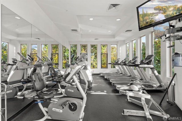 workout area featuring visible vents and a raised ceiling