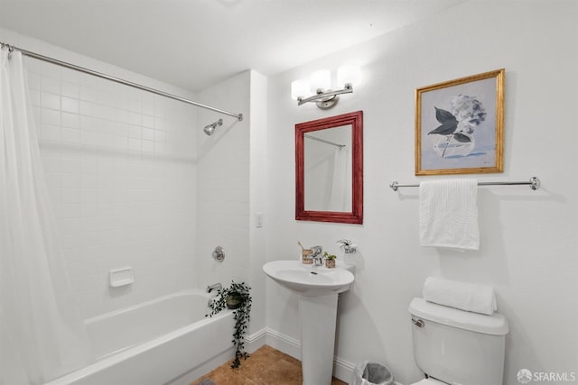 full bathroom with toilet, shower / bathtub combination with curtain, sink, and tile patterned flooring