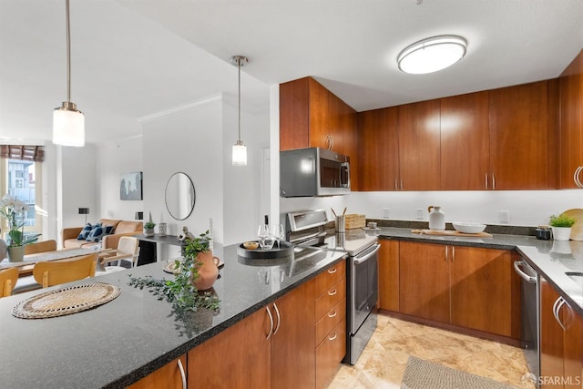 kitchen with pendant lighting, appliances with stainless steel finishes, brown cabinets, open floor plan, and dark stone counters