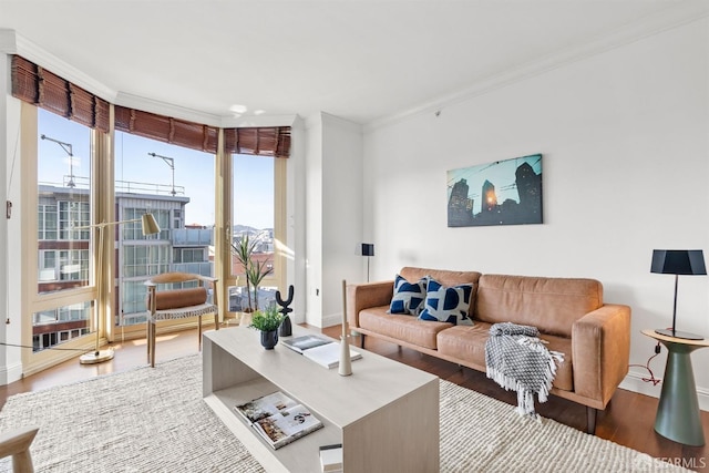 living area featuring crown molding, baseboards, a wall of windows, and wood finished floors