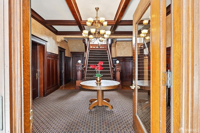 1932 Fell St Unit 1, San Francisco, CA 94117 - building lobby featuring wainscoting, beamed ceiling, coffered ceiling, stairway, and a decorative wall