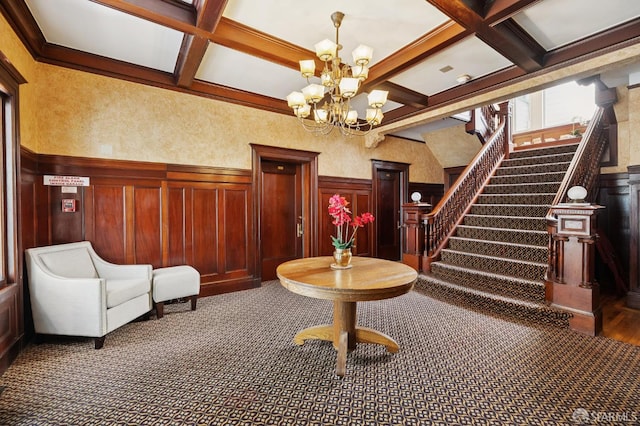 1932 Fell St Unit 1, San Francisco, CA 94117 - common area featuring coffered ceiling, stairs, beamed ceiling, and wainscoting