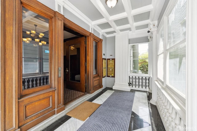 1932 Fell St Unit 1, San Francisco, CA 94117 - sunroom featuring coffered ceiling, a chandelier, and beamed ceiling