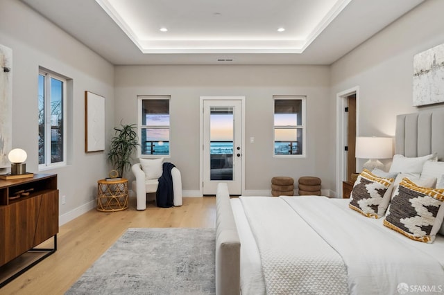 bedroom with a tray ceiling, access to exterior, and light wood-type flooring