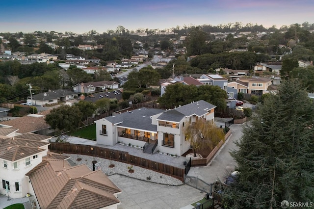 view of aerial view at dusk