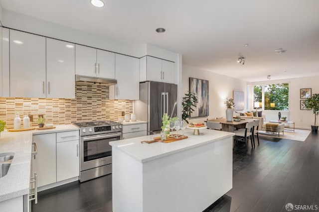 272 Coleman St, San Francisco, CA 94124 - kitchen with stainless steel appliances, under cabinet range hood, white cabinetry, backsplash, and recessed lighting