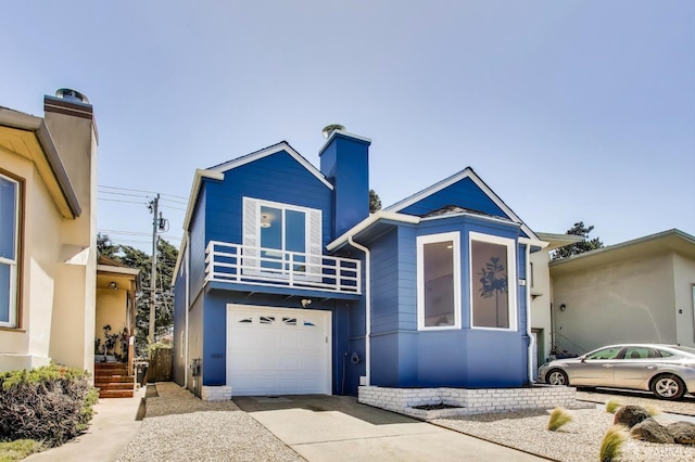 69 Fairway Dr, Daly City, CA 94015 - view of front facade with a balcony, a chimney, concrete driveway, and a garage